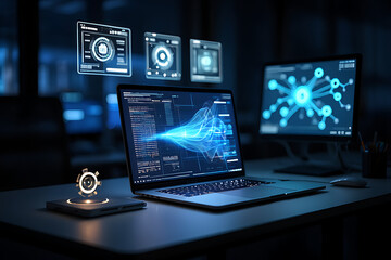 Advanced technology workspace with multiple screens and holographic interfaces