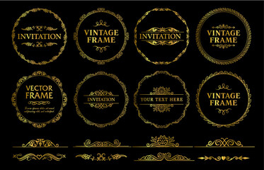Design gold elements set, decorative flourish border corner and frame collection for invitation, menu and page decoration