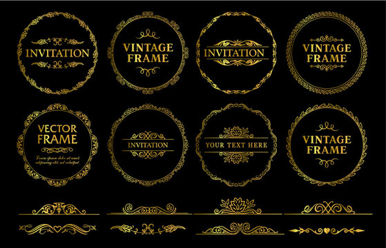 Design gold elements set, decorative flourish border corner and frame collection for invitation, menu and page decoration