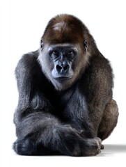 Obraz premium A large gorilla is sitting on its haunches with its head down