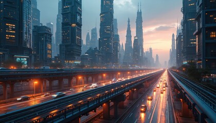 Fototapeta premium Futuristic city skyline with towering skyscrapers, busy highway traffic at dusk. Advanced urban infrastructure with elevated train tracks, glowing city lights. Modern metropolis, technology, bright