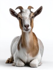 A goat is sitting on its side with its head turned to the side
