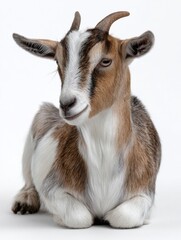Fototapeta premium A goat is laying down on a white background