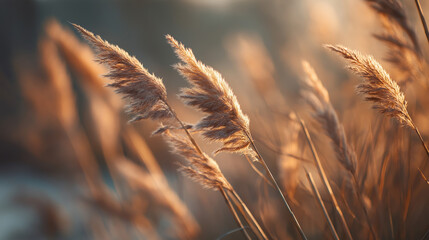 Tall, feathery reed grass sways gently in the warm glow of sunset, creating a serene and natural scene with soft focus and golden tones