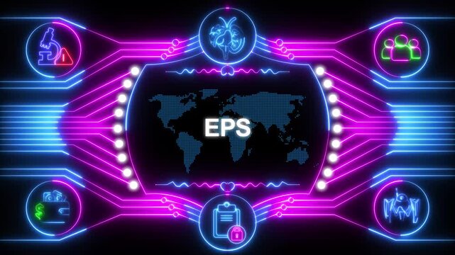 Neon lit EPS vector graphics template with glowing blue and pink lines, world map and icons on black background