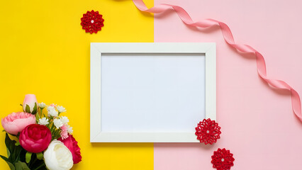 White empty photo frame with flowers ribbon on yellow and pink split background