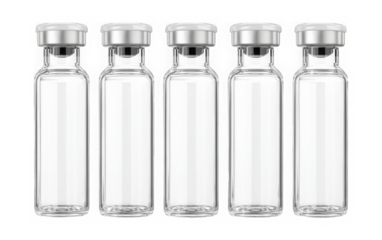 Five empty glass vials with silver caps isolated on transparent background for medical or laboratory use