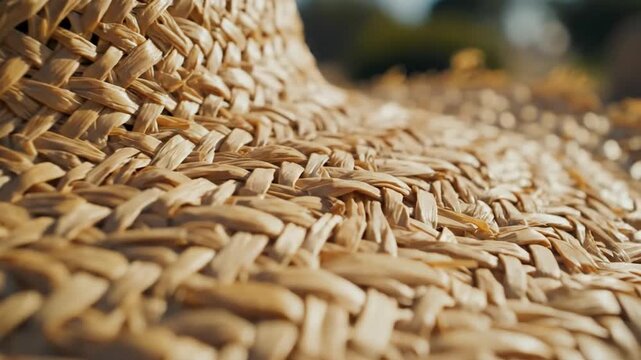 Macro view of woven straw hat texture with golden sunlight detail