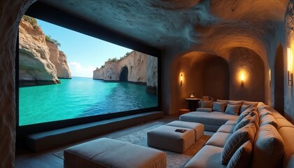 Luxurious home theater room features huge screen displaying vibrant turquoise sea, ancient cliffs. Unique cave-like interior design, with cozy curved walls, warm ambient lighting. Modern comfortable