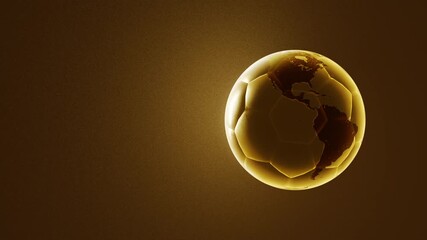 3D animation of a golden soccer ball with earth map texture on gold background, 2026 world football championship concept