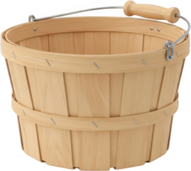 An open light colored wooden bushel basket with a natural wood handle and a metal wire bail handle constructed from vertical staves and horizontal bands transparent background