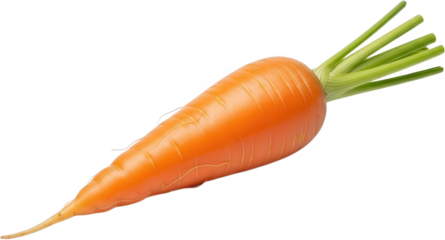 A single fresh orange carrot with green leafy tops and visible root hairs showcasing its tapering shape and textured skin vegetable food healthy ingredient transparent background