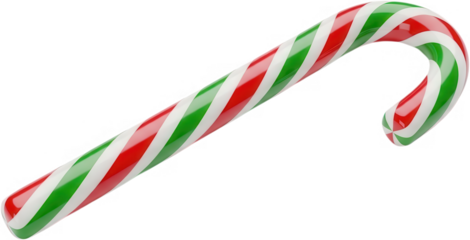 A classic red green and white striped candy cane with a hooked shape perfect for festive holiday and Christmas themes sweet treat winter celebration peppermint transparent background