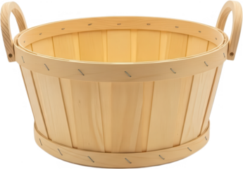 A simple natural wood bushel basket with curved handles and vertical staves designed for rustic storage and carrying wood basket wooden container empty transparent background