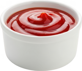 A small white condiment cup filled with glossy thick red tomato ketchup featuring a swirling peak on its surface tomato sauce sauce dip container food transparent background