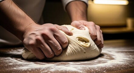 A person's hands kneading dough on a wooden table with flour.
