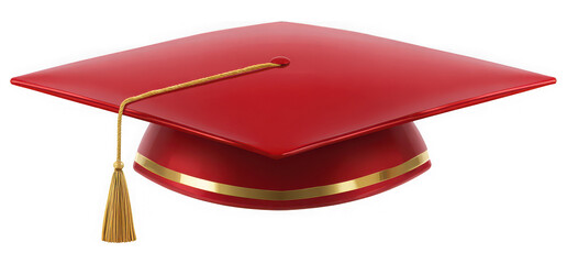 Red graduation cap with gold tassel and trim on top isolated on transparent background