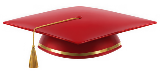Red graduation cap with gold tassel and trim on top isolated on transparent background