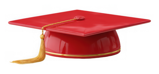 Red graduation cap with gold tassel isolated on transparent background for academic achievement