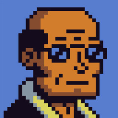 Pixel art portrait of adult man with glasses and bald head 8-bit style character game character, avatar, profile icon, UI element, sticker, and indie digital project.