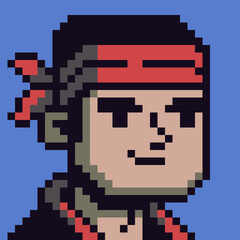 Pixel art portrait of young man wearing headband retro 8-bit style character game, avatar, profile icon, UI element, sticker, and indie digital project.