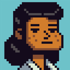 Pixel art portrait of adult woman with long dark hair 8-bit style character, avatars, profile icons, UI elements, stickers, and indie digital projects.