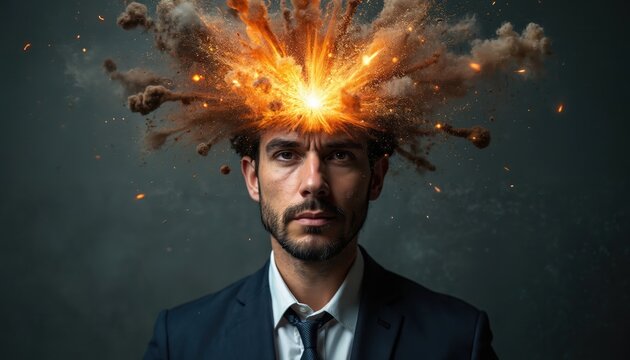 Portrait of a man with his mind exploding. He has an expression of shock stress. Abstract concept symbolizes overwhelming pressure idea. Businessman with head explosion.