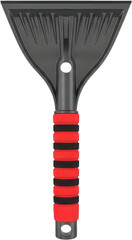 Naklejka premium A black and red ice scraper tool featuring a wide scraping blade with serrated edges and a textured grip snow removal tool winter cleaning automotive accessory transparent background