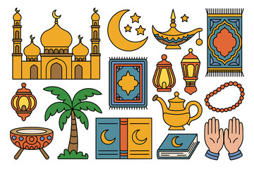 Islamic symbols and elements collection for design and decoration purposes including mosque and prayer rug