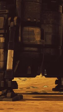A close up of the landing gear of a rocket resting on the reddish terrain of Mars, showcasing the intricate details of the machinery under bright Martian sunlight.