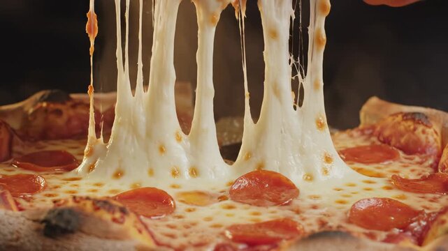 Pepperoni pizza slice being lifted