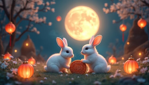 Two white rabbits gather near a full moon during the Mid-Autumn Festival. The scene has lanterns and flowers. This photo brings a festive atmosphere. - Powered by Adobe