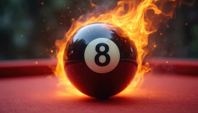 Billiard 8 ball engulfed in intense flames on red table surface. Dynamic motion blur suggests powerful strike. Intense heat, fire effects, sparks fly creating dramatic visual effect for game.