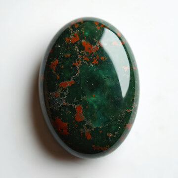 Polished bloodstone gemstone on white. Oval shaped green stone with red spots. Mineral jewel on white background. Macro photo of healing crystal. Elegant design.