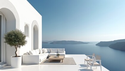 Naklejka premium White minimalist terrace with modern sofa and chairs offers ocean views. Potted olive tree adds charm to this scenic coastal relaxation spot. Ideal for luxury travel.