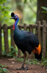 A colorful southern cassowary stands on the ground. This large flightless bird has black plumage and bright blue and red wattles. It has a distinctive casque on its head and orange tail feathers.