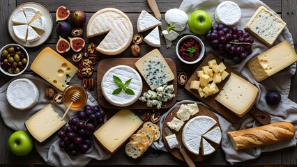 Celebrating National Cheese Lover’s Day with a Variety of Cheese, Fruits, and Nuts on a Wooden Table