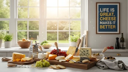Celebrating National Cheese Lover’s Day with an assortment of artisanal cheeses, crackers, and fruit on a kitchen counter near a sunny window