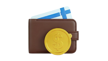 3D Wallet with Credit Card and Gold Coin