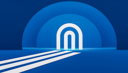 Obraz premium Minimal 3D Secure Gateway Tunnel Entrance on Blue Background with Copy Space
