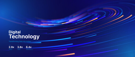 Big Data Technology Flow Background with Neural Network Particles and Digital Stream Lines. Futuristic Data Science Concept. Tech Business Presentation or Annual Report Template. Vector Illustration.