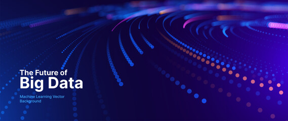 Big Data Technology Flow Background with Neural Network Particles and Digital Stream Lines. Futuristic Data Science Concept. Tech Business Presentation or Annual Report Template. Vector Illustration.