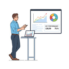 Businessman presenting financial data charts and pie graph on a screen