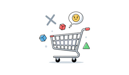 Shopping Cart with Sad Emoji and Geometric Shapes Illustration. © rohati