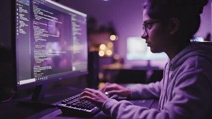 Programmer typing code on computer screen with purple lighting, woman coder at work - Powered by Adobe