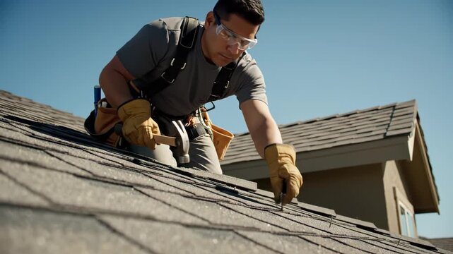 Man working on roof with hammer