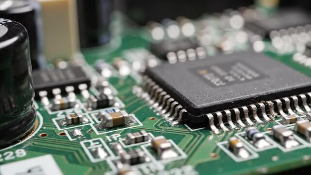 Macro panning shot of green printed circuit board with microchip and capacitor components