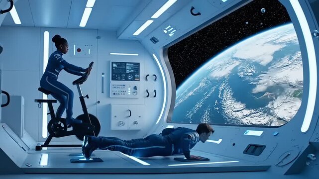 Astronauts Engage in Exercise Routine on Station with Earth View