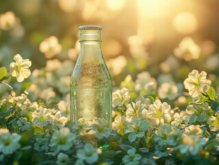 Eco friendly clear glass bottle surrounded by white flowers in natural sunlight.