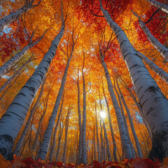 Looking up at an autumn forest, tall white trunked trees, vibrant orange maple leaves glowing in the sunlight.